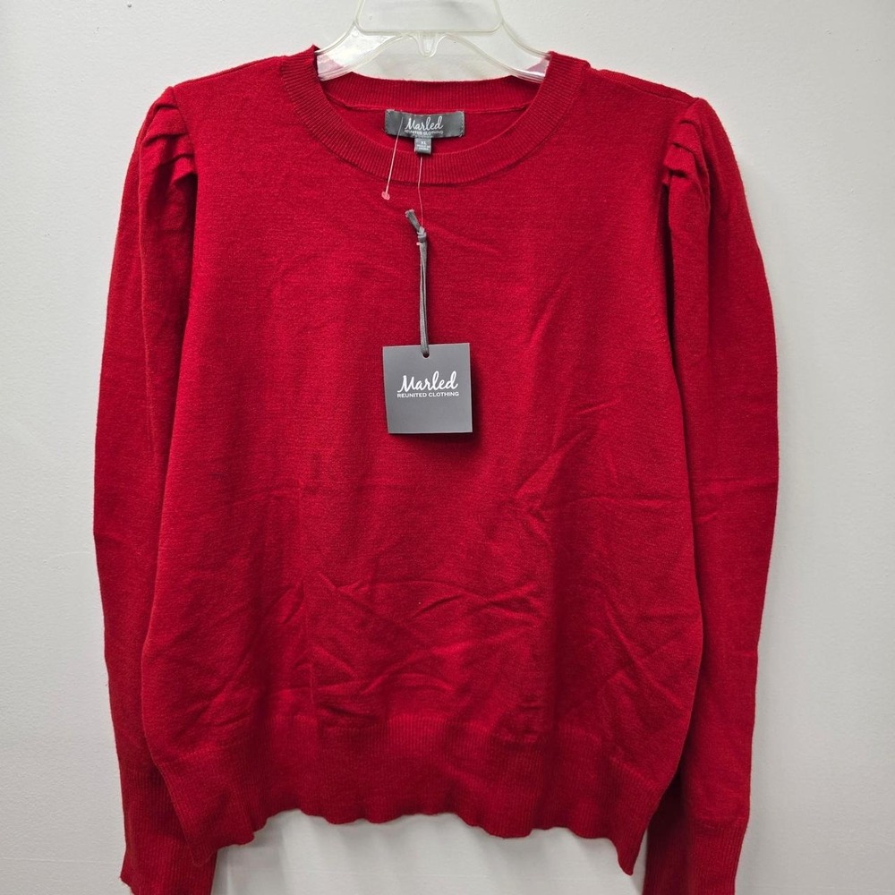 Marled Womens Barbados Cherry Solid Knit Crewneck Puff Sleeve Pullover XL